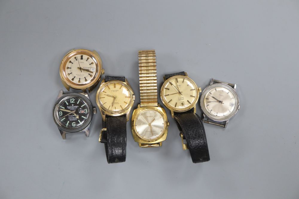 Six assorted gentlemans wrist watches including Timex, Rotary and Forster.